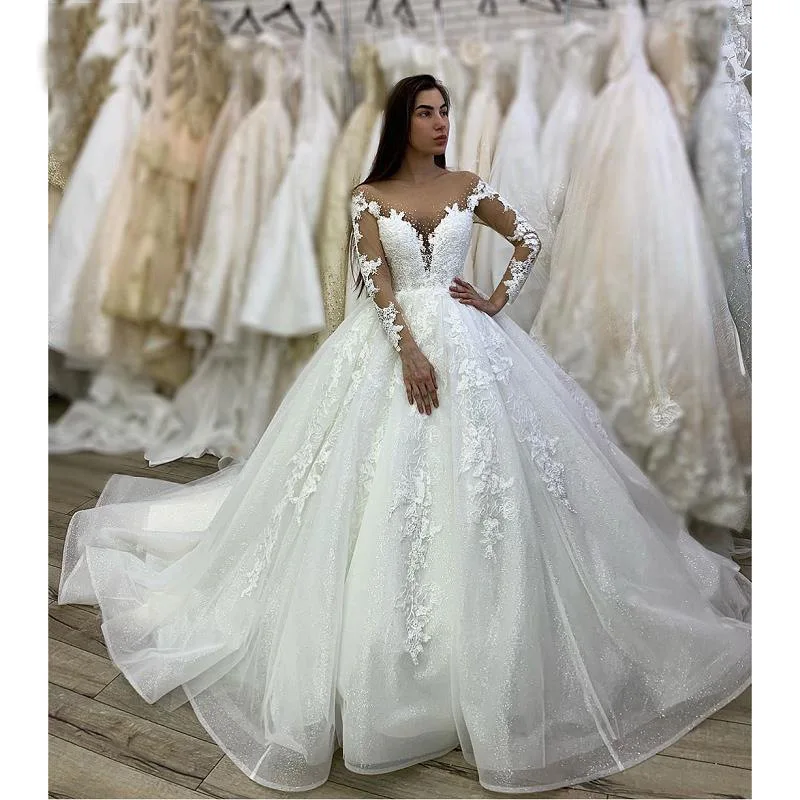 

GUXQD Ball Gown Scoop Neck Wedding Dresses Long Sleeves Court Train ILLusion Bridal Gowns Formal robe de mariée Vestido De Noiva