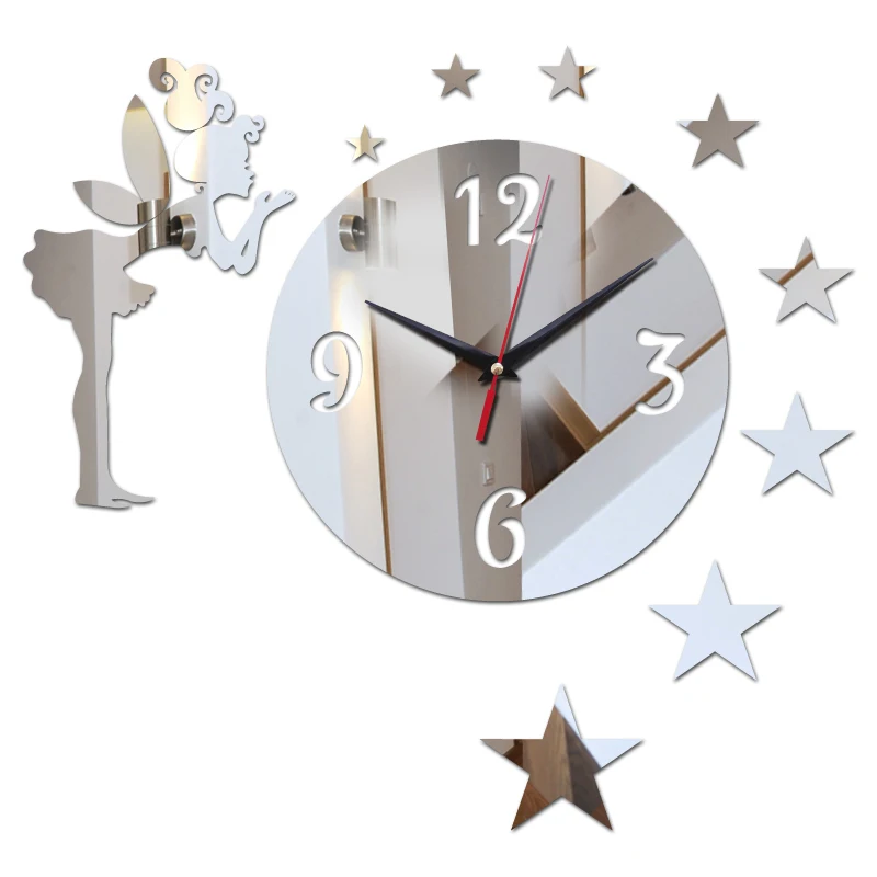 Creative Angel Stars Watch Cute 3D DIY Acrylic Mirror Wall Clock Horloge Modern Design DIY Stickers Girl's Living Room Decor