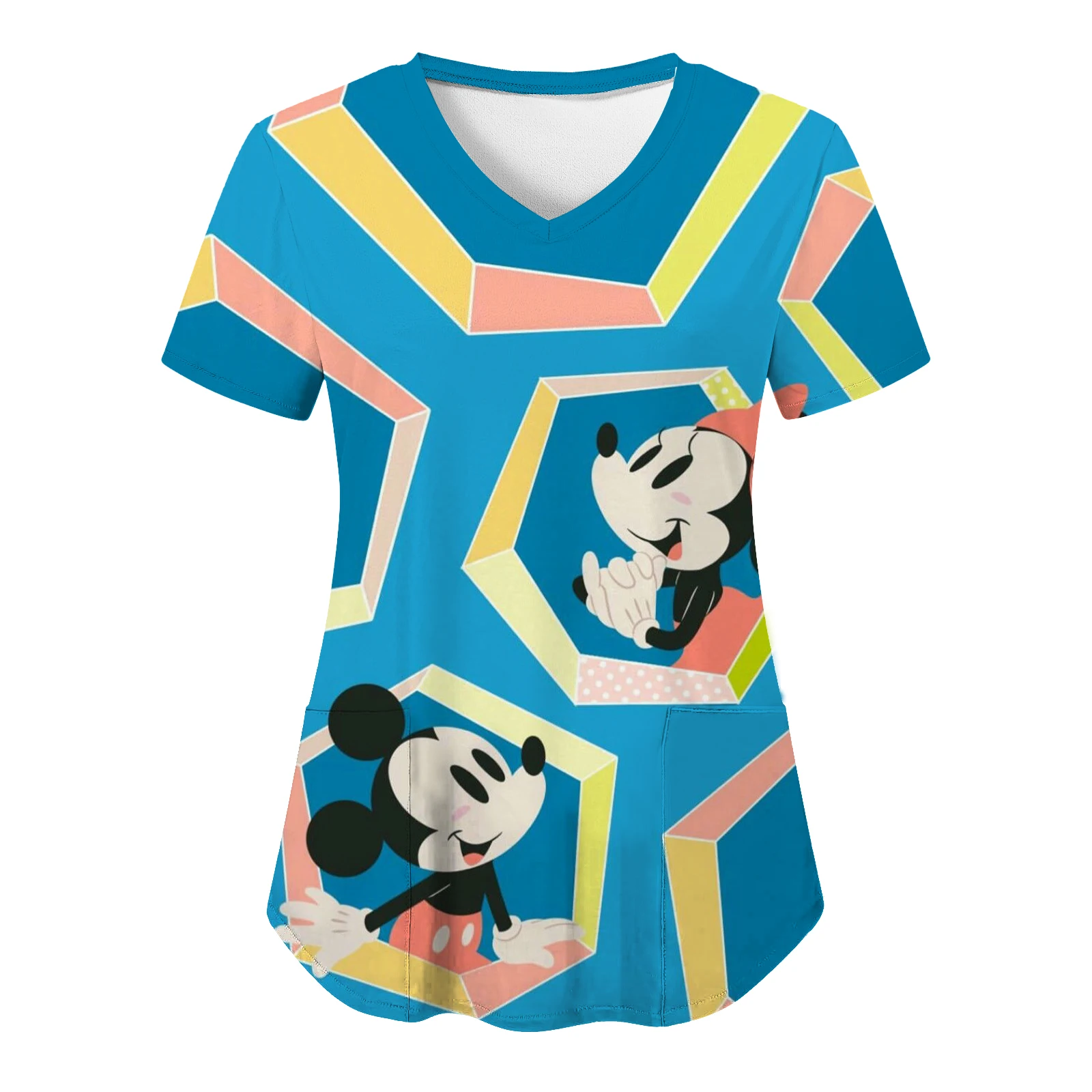 Woman Clothes Disney Top Women 2023 Pocket T-shirt Minnie Mouse Tops V Neck Shirts Mickey Nurse Uniform T-shirts Hospital Tees