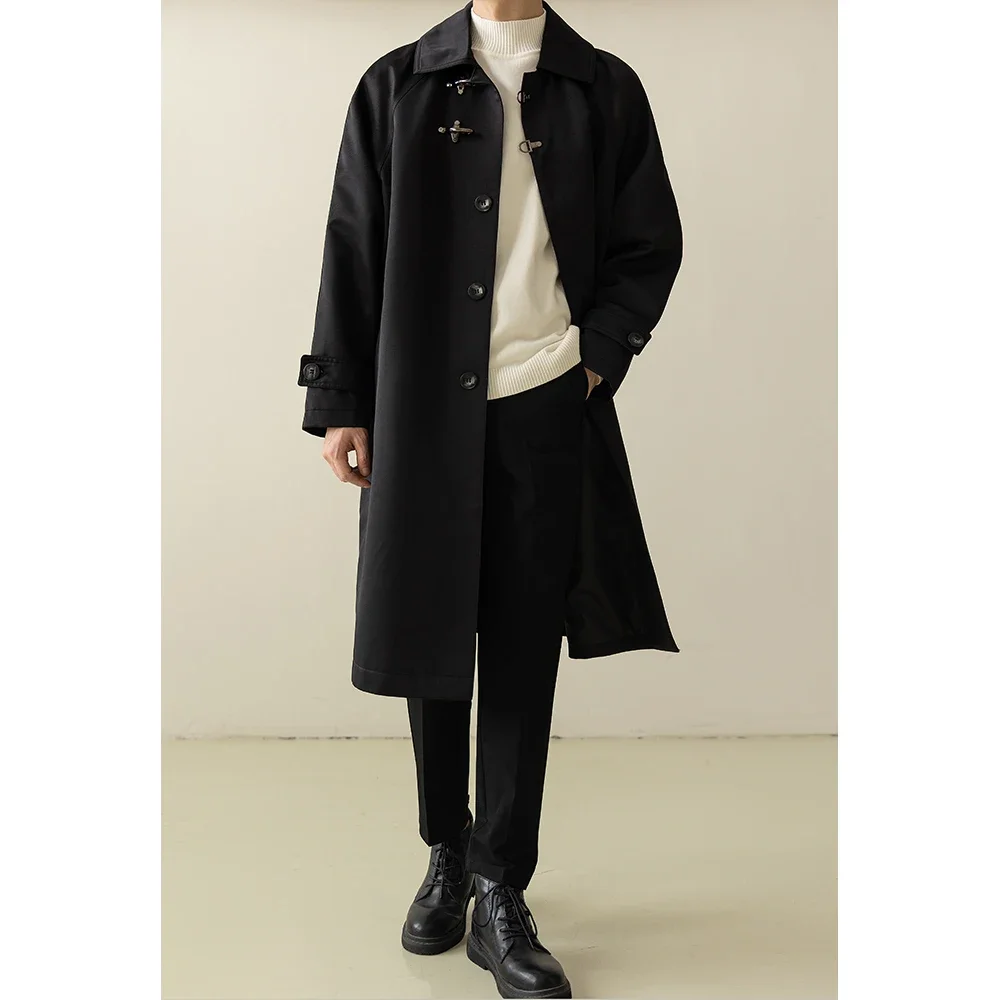 Men Japanese Korean Fashion Loose Casual Mid Length Vintage Trench Coat Male Long Windbreak Jacket Outerwear Trenchcoat