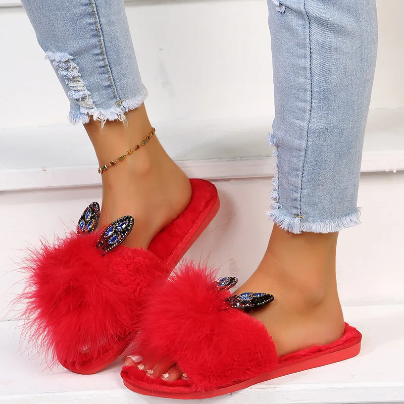 Women's Shoes 2025 Open Toe Women's Slippers Colourful Furry Casual Slippers Women Square Toe Feather Female Flat Sandals