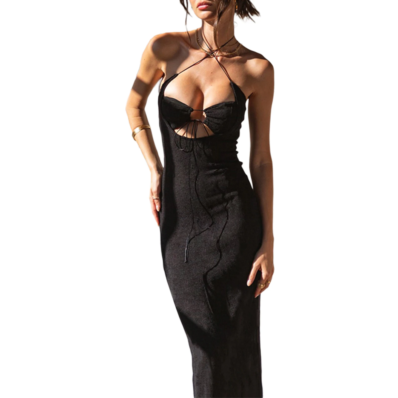 

Women's Aesthetic sexy backless halterneck dress long slim lace-up sleeveless solid color hollow dress