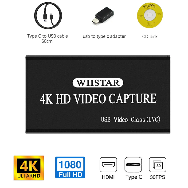 Wiistar USB Video Capture HDMI to USB Type C 1080P HD Video USB Capture Card Revoder for PS4 Game Live Stream Windows Linux Os