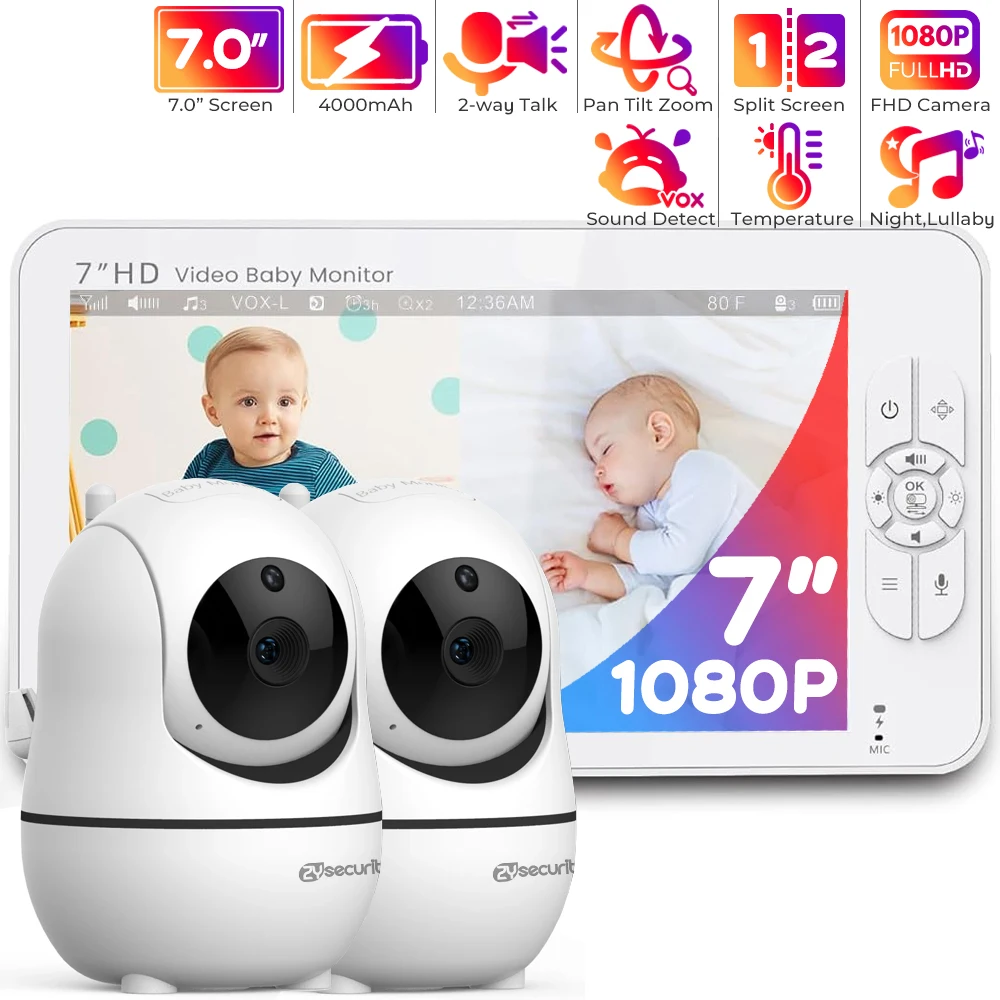 

7 Inch Baby Monitor with 2 Cameras 1080P Babyphone Split Screen Pan-Tilt-Zoom Nanny Camera 2-way Audio Night Vision BabySitter