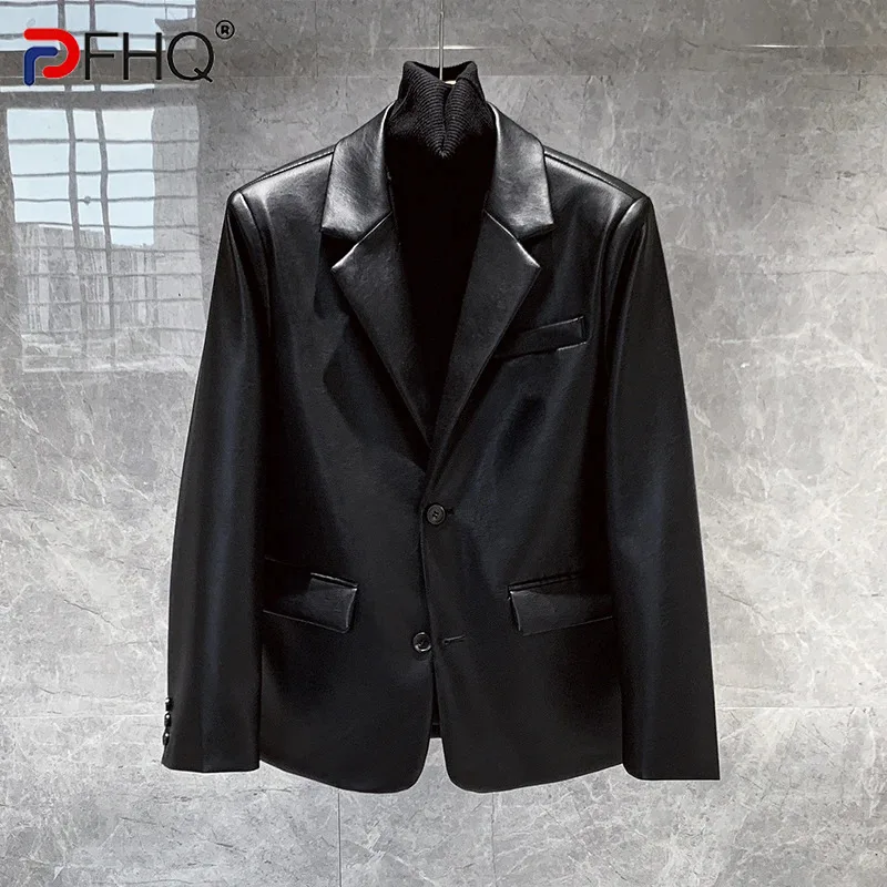 

PFHQ Men's High Quality Slim Fitting Leather Jackets Trendy Business Handsome Casual Single Breasted Solid Color Blazers 21Z2377