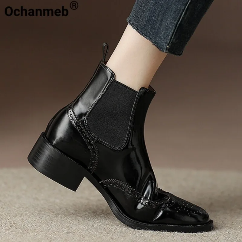 

Ochanmeb Women Genuine Leather Chelsea Boots Carved Brogues Block Heel Bootie Black Hollow Retro Shoes Woman Autumn Winter 33-40