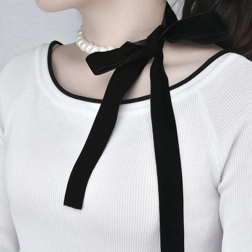Resina Vintage Pearl Choker 2023 New Long Ribbon Pearl Flanella Elegante Collana Con Colletto Bowknot Neck Tie Chain Women Girls
