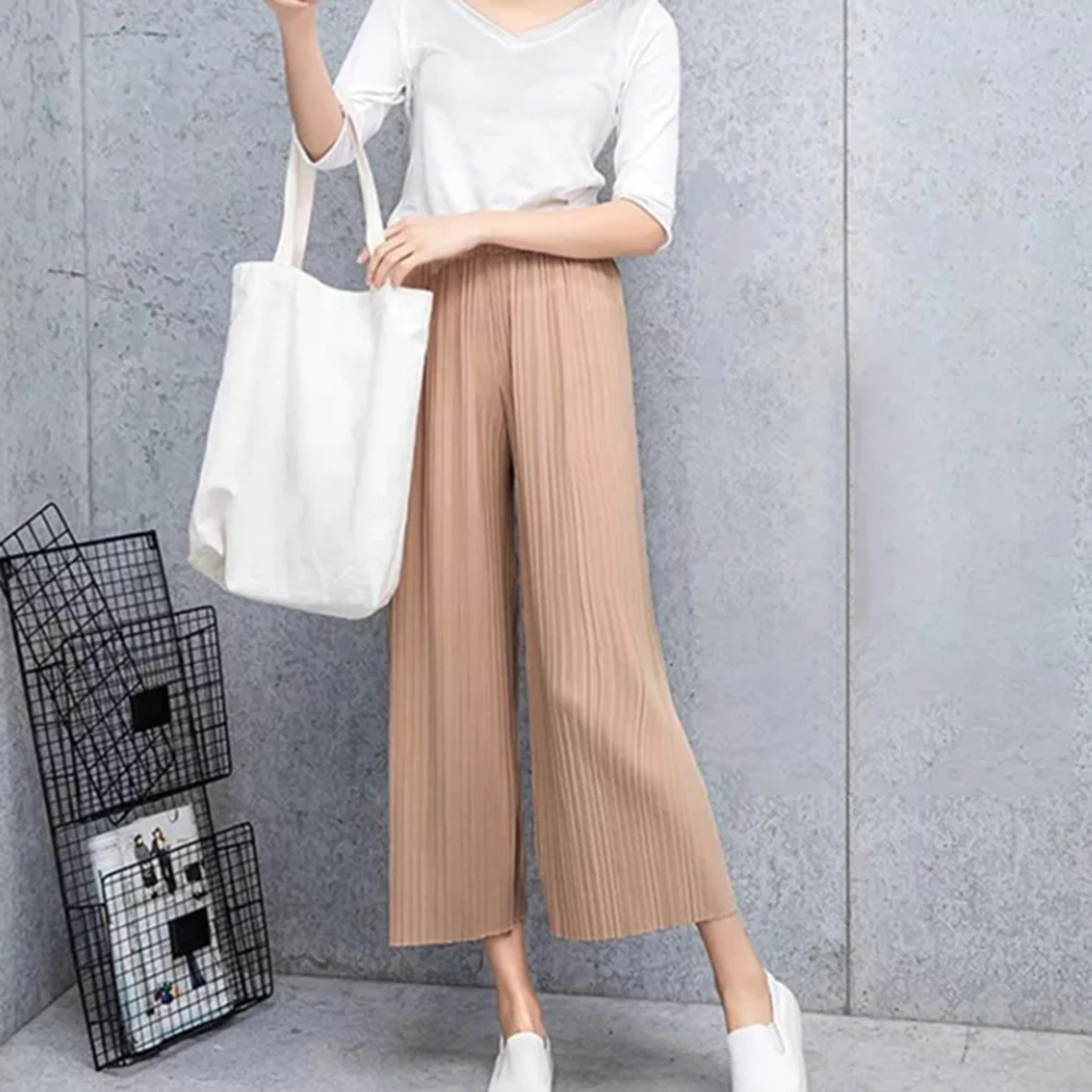 Women's Pants Wide Leg Pants Crinkle Plain Trousers Baggy Elastic Waist Bottoms Woman Clothes pantalones ropa para mujer 바지