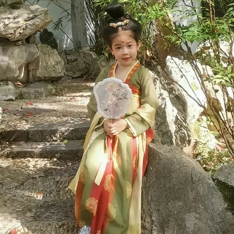Conjunto de roupas antigas hanfu infantil, vestido estilo tang, super imortal, estilo chinês antigo, primavera e outono, 1 pc