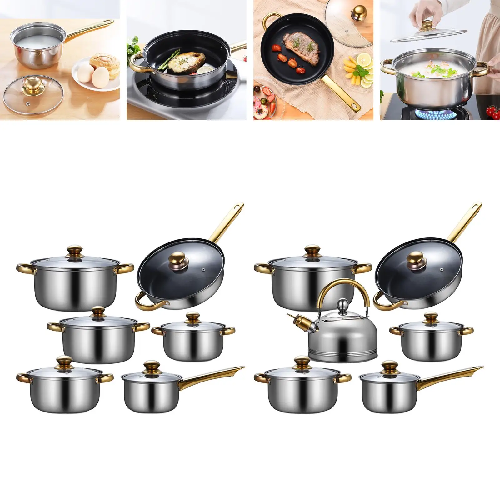 6 Pieces Stainless Steel Ergonomic Handle Portable Nonstick Pan Saucepan Pots and Pans Set Kitchen Cooking Set for Kitchen Home
