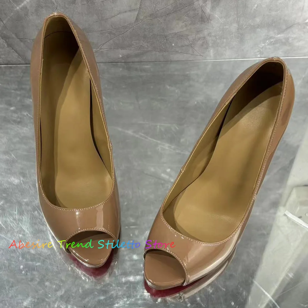 Nude Patent Leather Thin High Heel Pumps Women 12cm Peep Toe Stiletto Heels Slip on Size 43 Formal Party Dress Runway Shoes