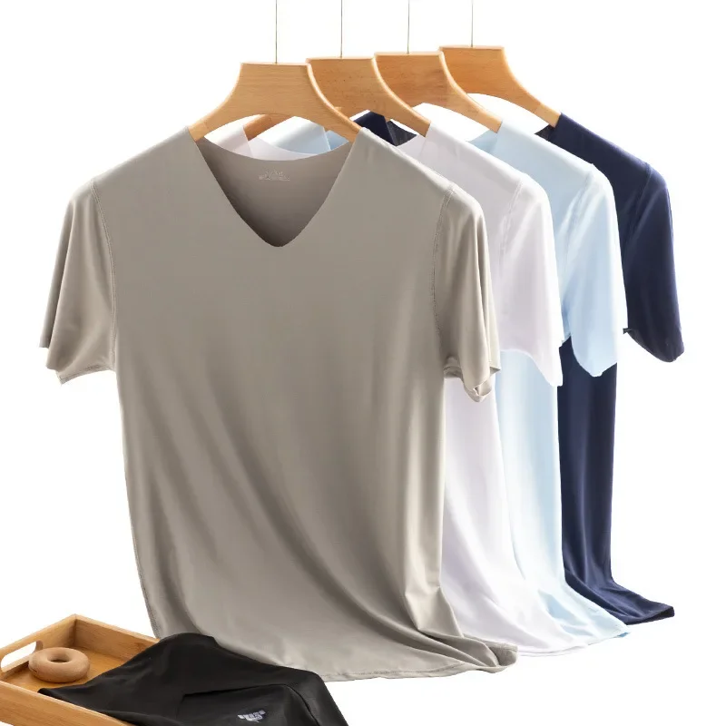 

Men's summer ice silk short sleeve seamless V-neck top solid color ultra thin cool sport T-shirt undershirt
