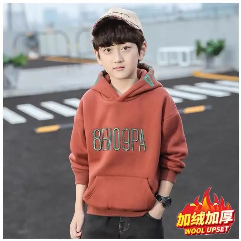 Children's Letters Autumn and Winter Fleece-Lined Thickened New Hooded Children's Western Style Top Sweater Clothing
