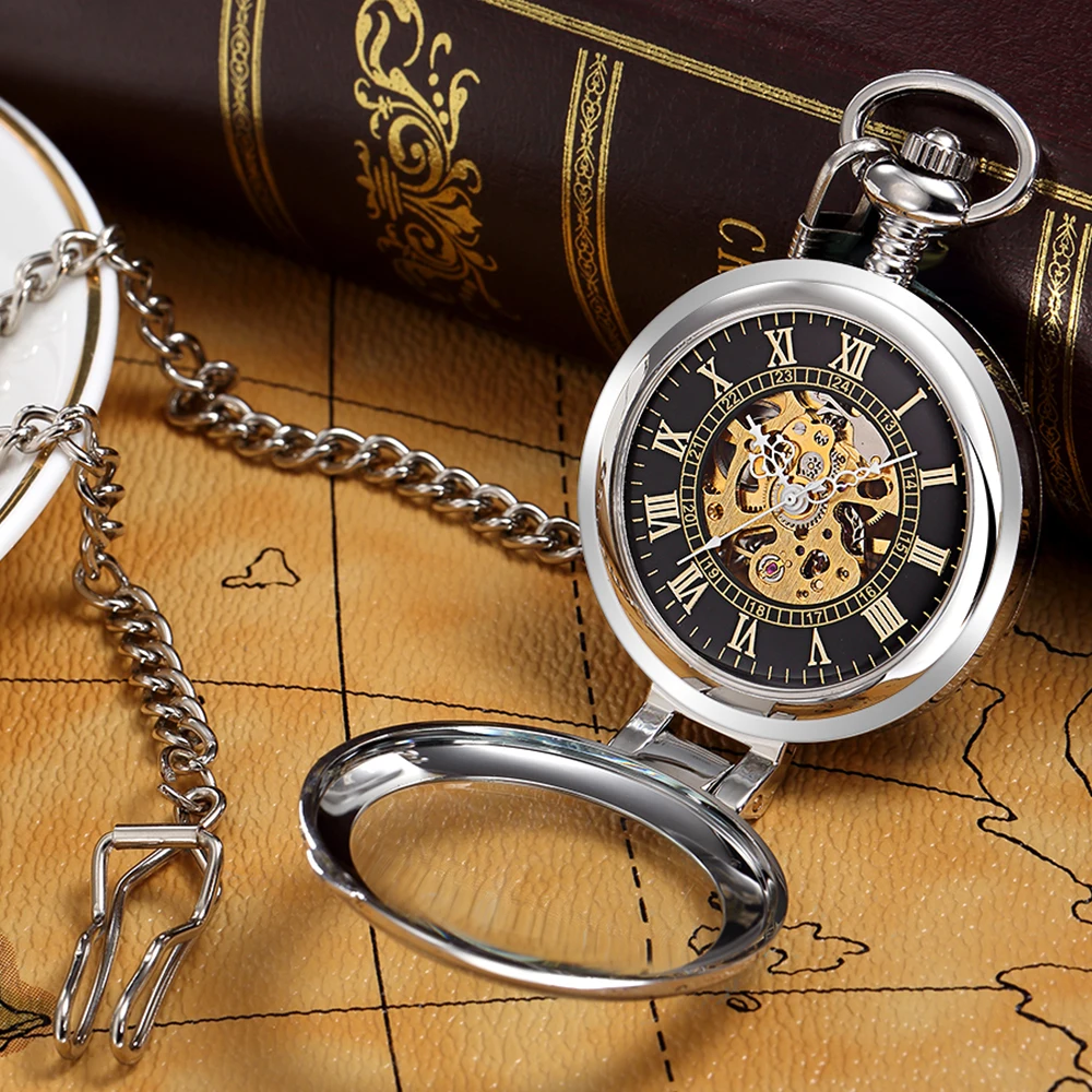 Luxury Stainless Steel Automatic Mechanical Pocket Watch Fashion Men Women Pendant Exquisite Sculpture Roman Dial Hollow Clock