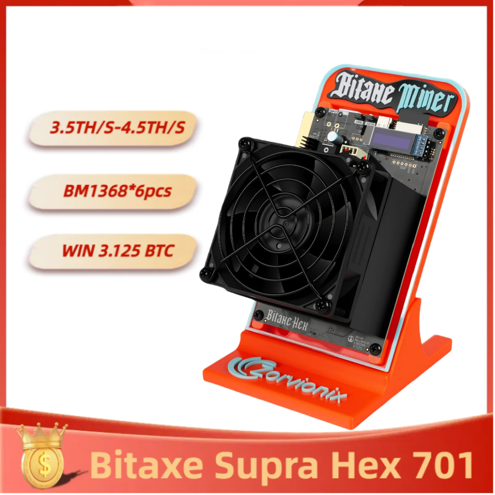 BITAXE SUPRA HEX 701, Bitcoin Miner 3.5T 4.5T S BM1368 Asic Chip Lottery Solo Miner 110W Power Low Noise BTC Miner Orange
