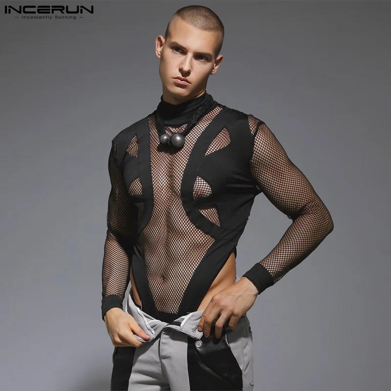 2023 Men's Bodysuits Mesh Patchwork Sexy Turtleneck Long Sleeve T Shirts Streetwear Transparent Fashion Male Bodysuit INCERUN