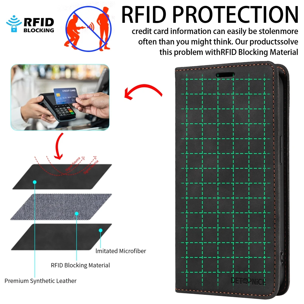 Premium RFID Blocking Magnetic Leather Wallet Case - Elegant Flip Cover for Business Professionals