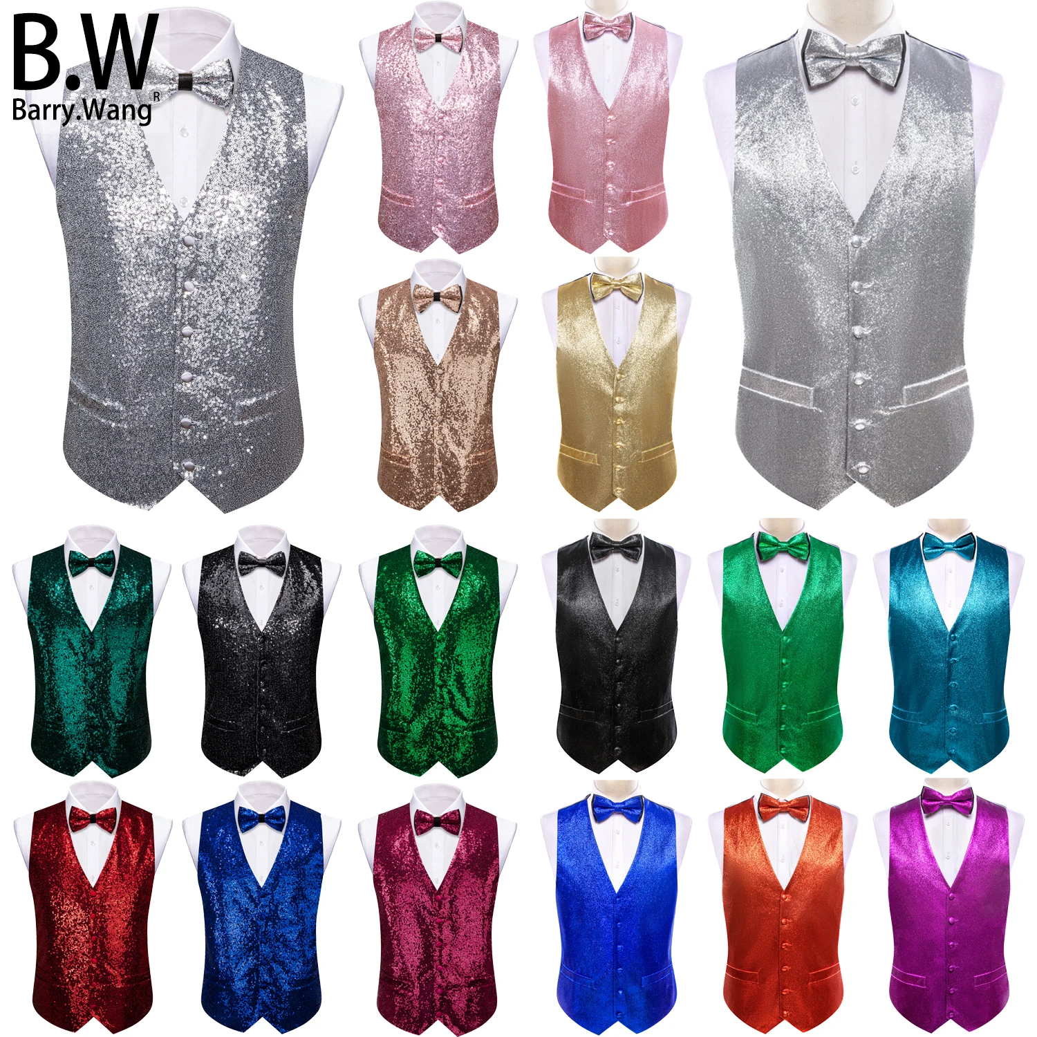 Barry.Wang Nolvety Shining Men Vest Casual Stylish 15 Colors Waistcoat with Bowtie Sleeveless Jacket Male Wedding Party Prom