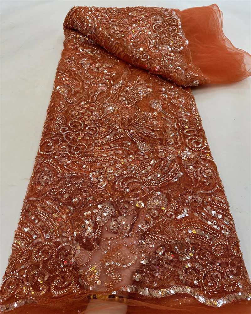 

2023 High-End Handmade Beaded Lace Fabric France Sequins Embroidery 3D Beads Nigerian Bridal Mesh Lace Fabric For Sewing