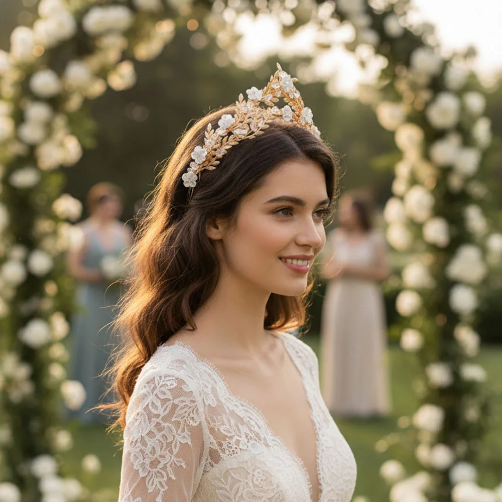 SLBRIDAL Handgefertigte Kristall-Strass-Perlen Blumen-Blatt Braut-Tiara Stirnband Hochzeitskrone Haaraccessoires Damen Mädchen Schmuck – Detail 22