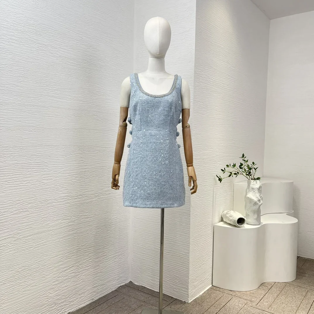

2024 Fashion Clothing Blue New High Quality Cut Out Side Sequined Tweed Mini Sleeveless Women Vest Dress