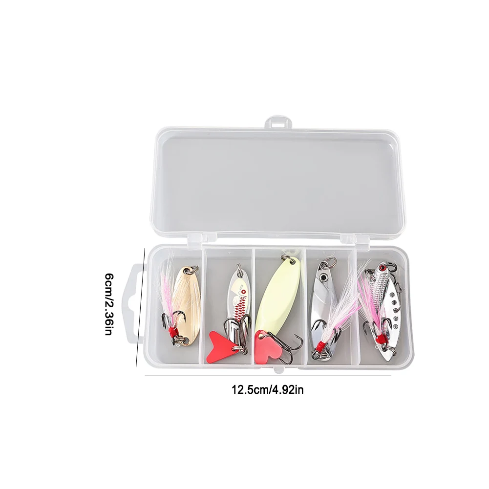 5pcs Metal Jig Spoon Spinner Fishing Lure Artificial Bait Hard Baits Sequins Spinner Lures with Box Treble Hooks for Fishing