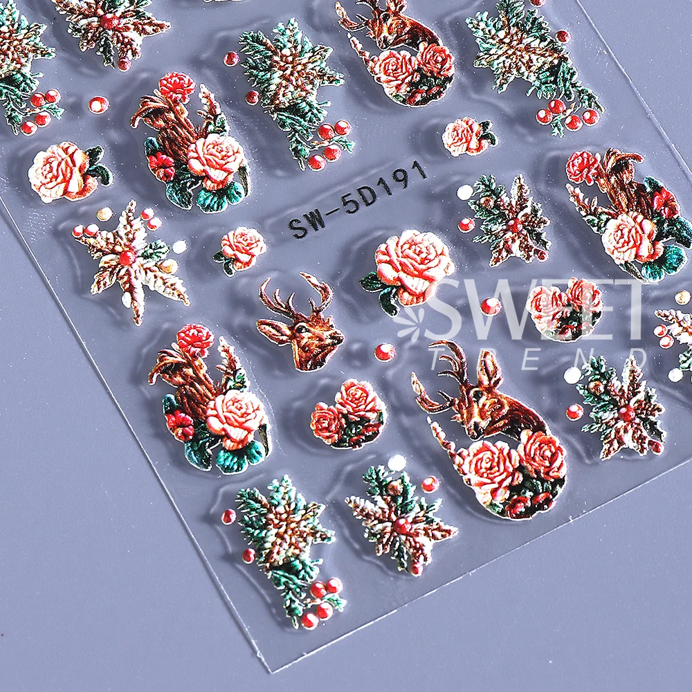 2pcs/set Christmas Nail Art Stickers 5D Embossed Self-Adhesive Elk Deer Flower Nail Decal for DIY Christmas Manicure Decoration