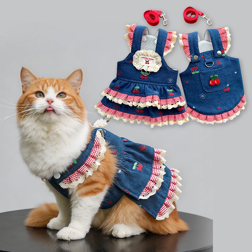 Denim Dress Harness And Leash Set For Small Dogs And Cats_voghion.com