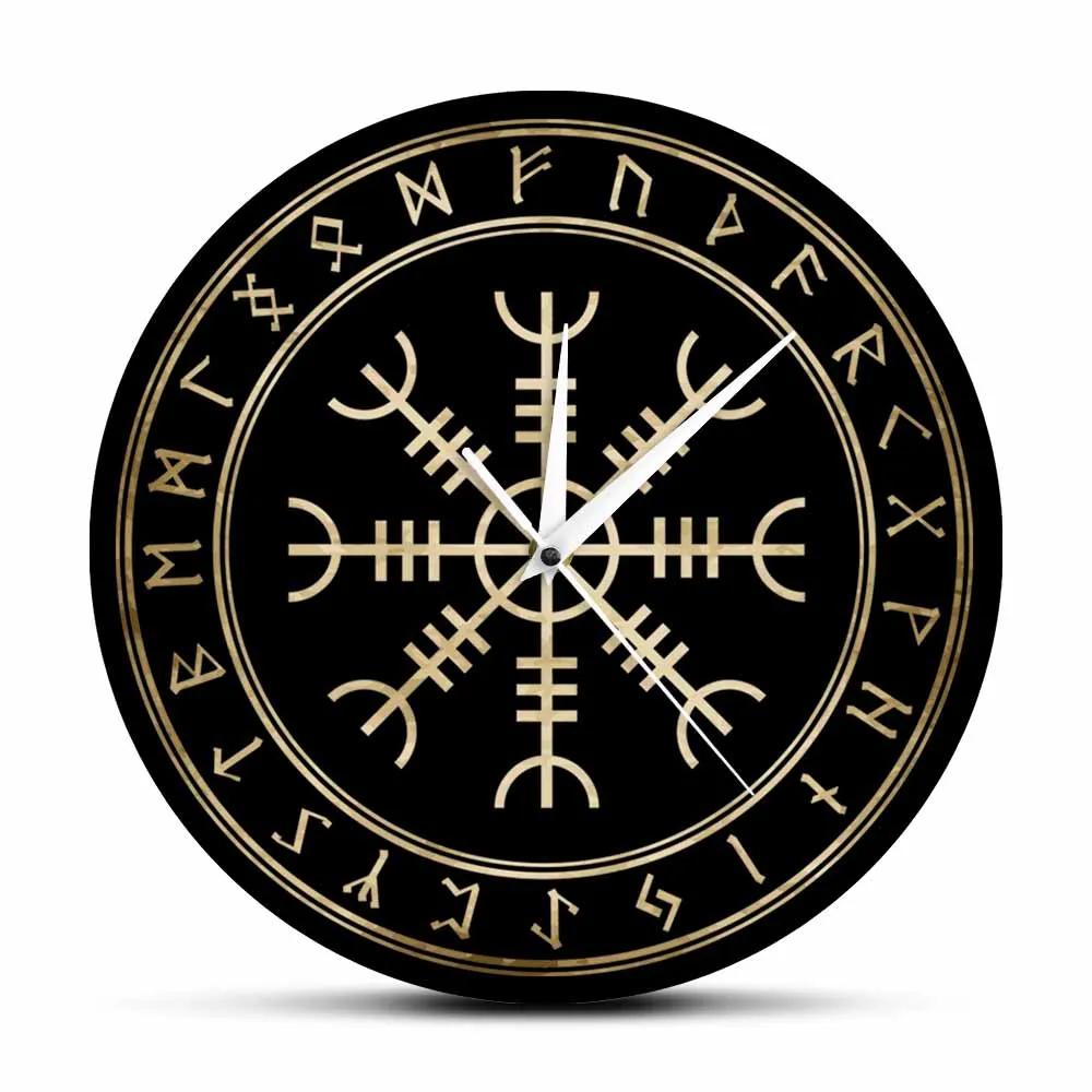

Aegishjalmr Viking Helm of Awe Terror Protection Norse Rune Silent Wall Clock Viking Home Decor Icelandic Magical Staves Watch