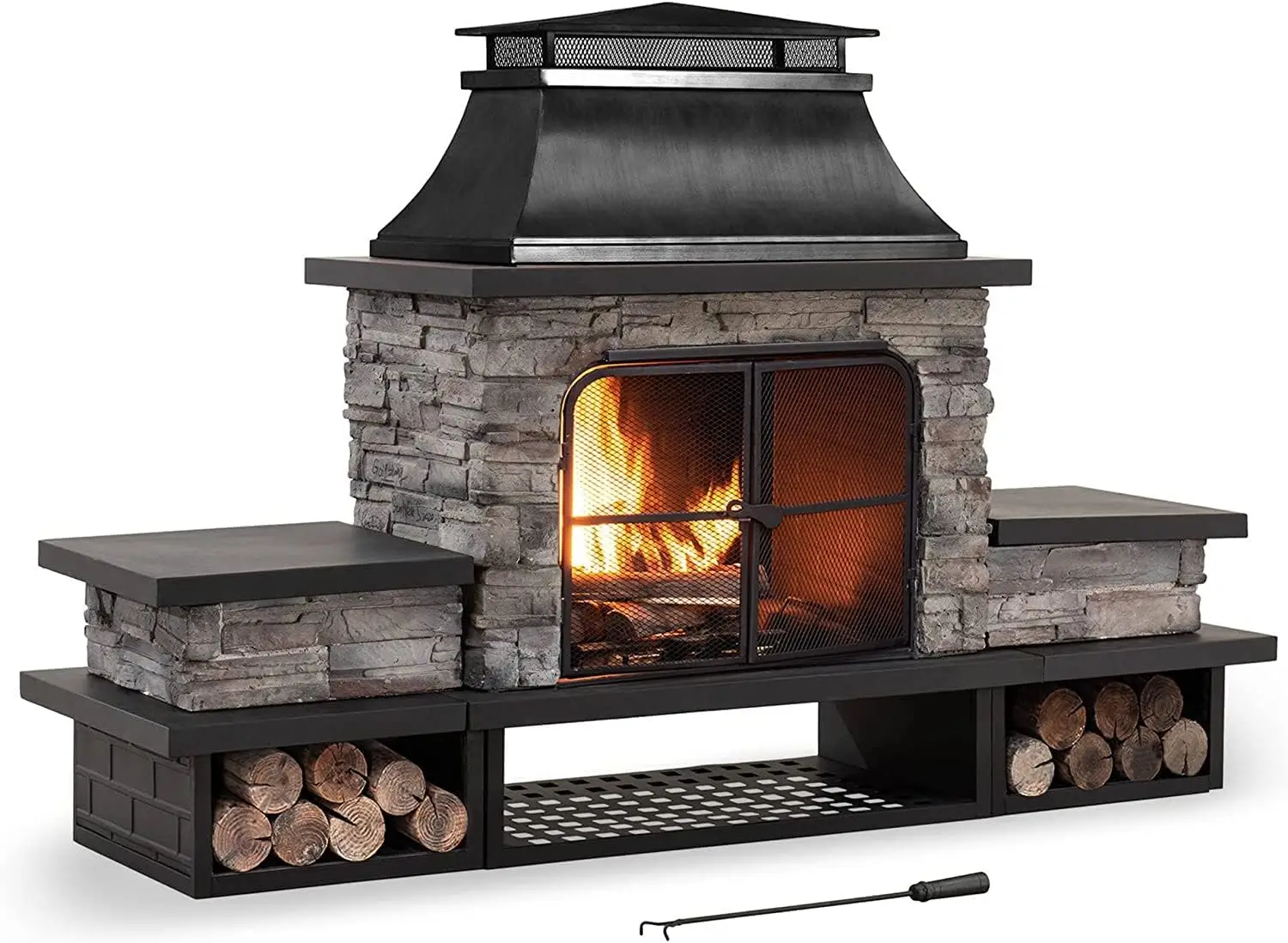 Outdoor Fireplace Patio Wood Burning Fireplace with Steel Chimney Mesh Spark Screen Doors Fire Poker and Removable Grate