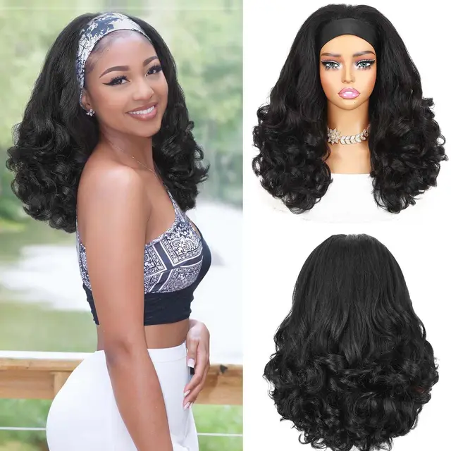 Synthetic Hair Headband Wig Yaki Curly Ends 16inch Middle Long Black Wig Female Kinky Straight for Black Women High Quality 1