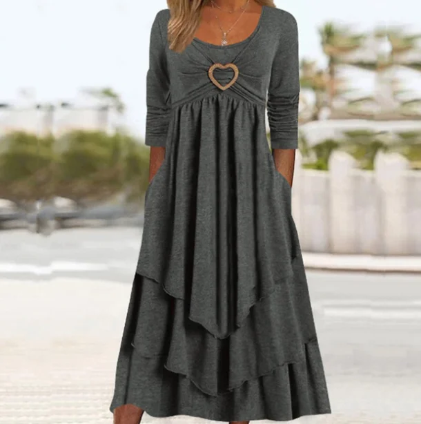 

2023 Casual New Layered Ruffle Women Tee Shirt Dress Spring Loose Long Sleeve Pocket Dress Vintage Solid O-Neck Folds Maxi Dress
