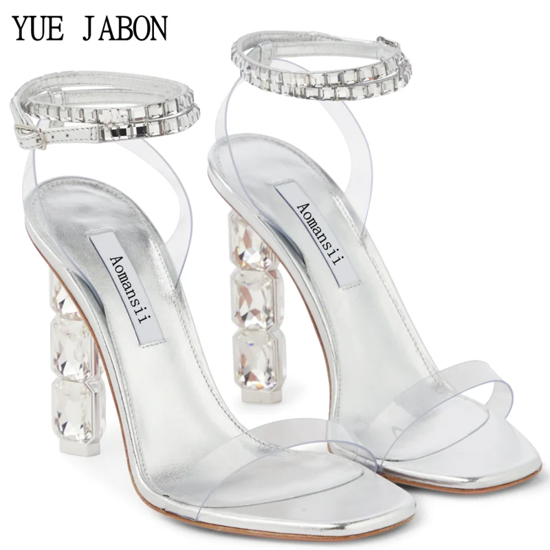 

Silver Women Soft Leather Sandals Transparent Crystal Ankle Strap Pumps Women's Summer Wedding Rhinestone Square Heels Shoes