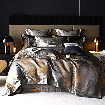 Egyptian Cotton Black Duvet Cover Set Satin Jacquard Luxury Silk Like Bedding Comforter Cover with Zipper Bed Sheet Pillowcases