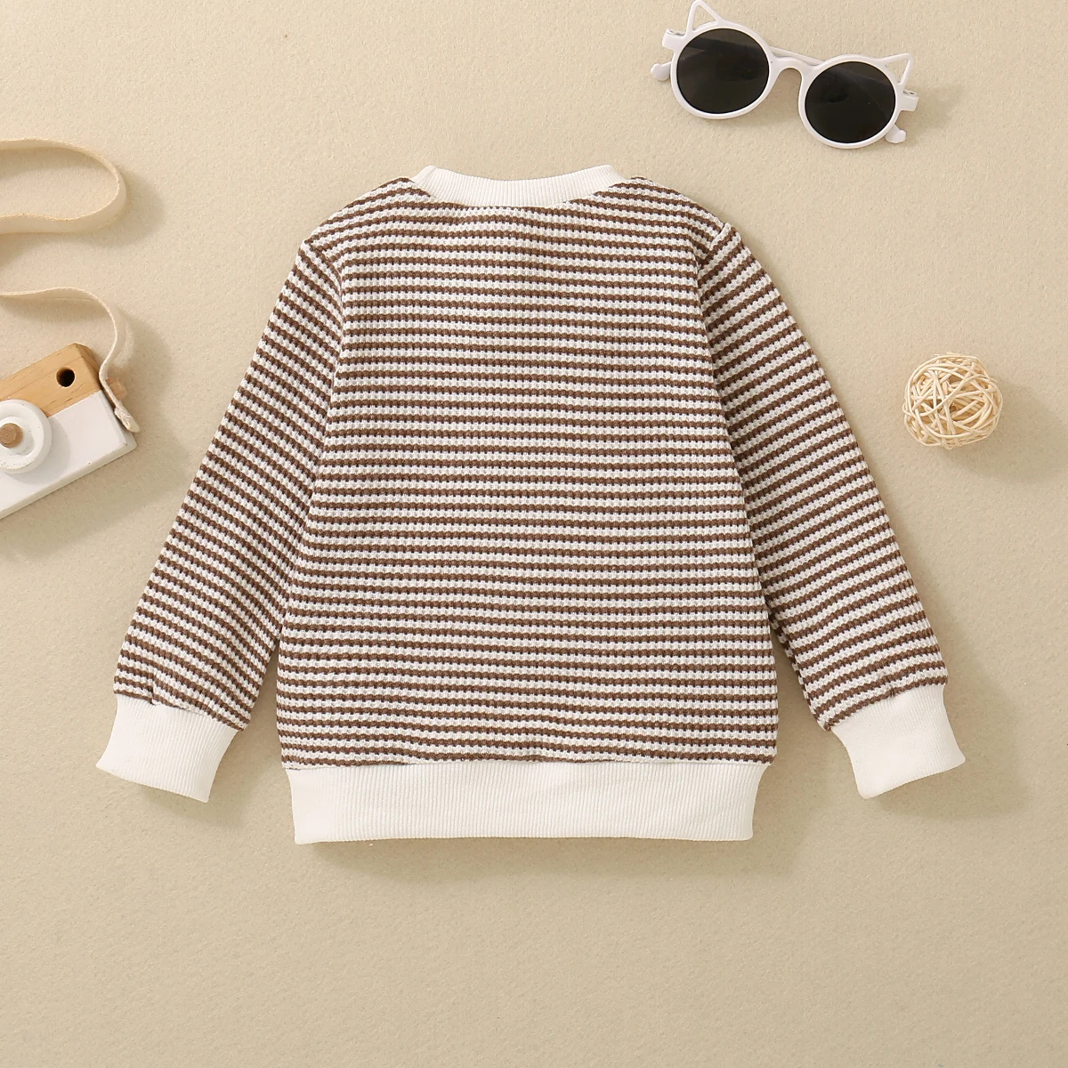 Fall Unisex Boys Girls Infants Russet Casual Warm Comfortable Knit Striped Pocket Long Sleeve T-shirt