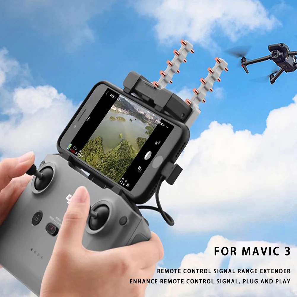 Amplificateur de signal d'antenne pour DJI Mini 4 Pro, vue latérale montrant la fixation.