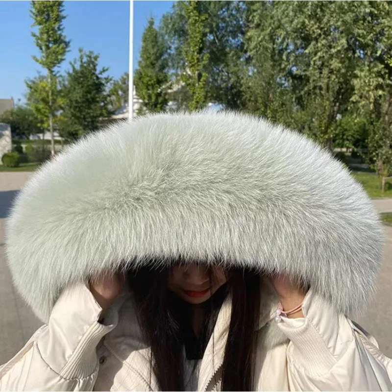 Winter 100% Real Fox Fur Straight Collar Winter Natural Hood Trims Decor Scarf For Coat Parkaks Warm Scarves Luxury Female Shawl 6