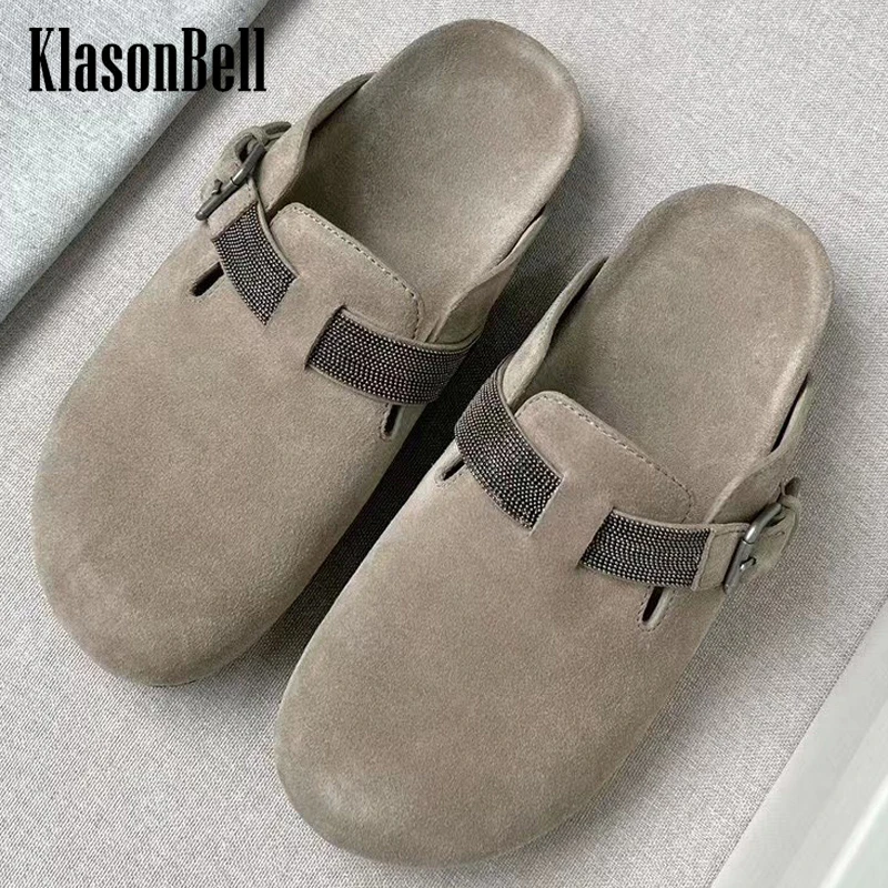 

11.22 KlasonBell Women's Slippers Bead Chains Buckle Strap Cow Suede Rubber Outsole Mules Shoe