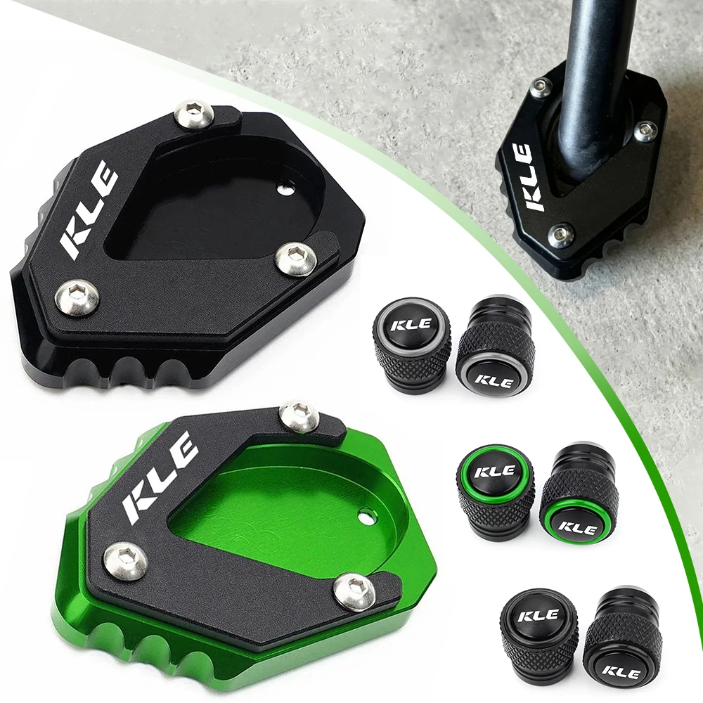 Motorcycle Foot Kickstand Side Stand Enlarger Pad & Tire Valve Cap CNC