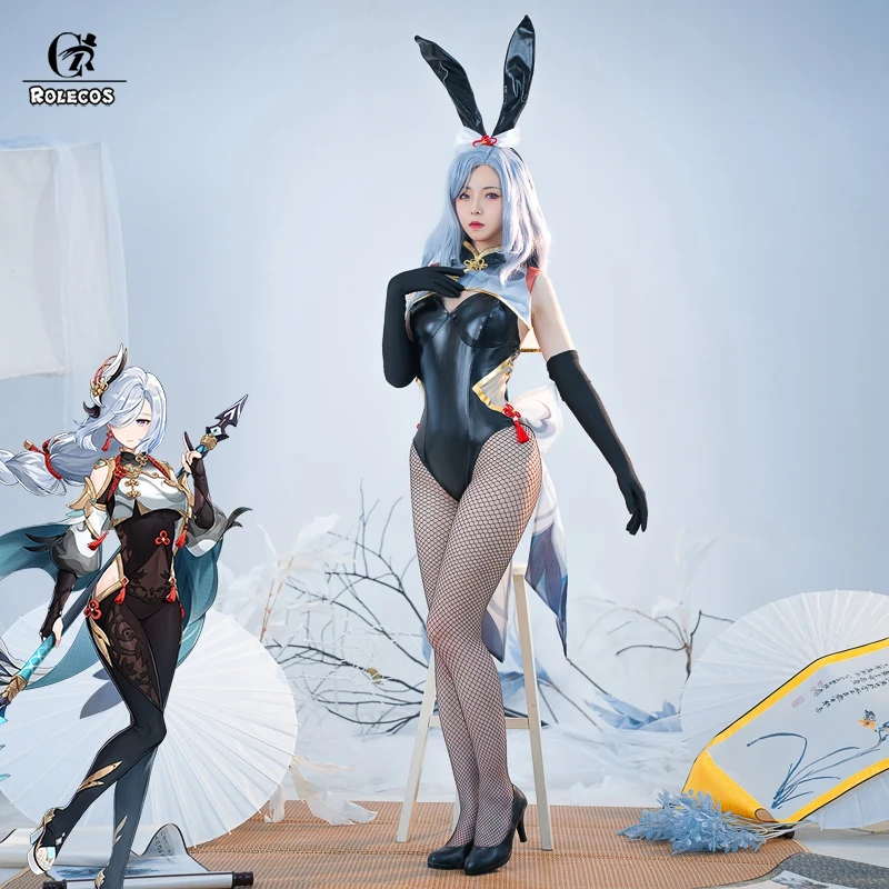 

ROLECOS Game Genshin Impact Shenhe Cosplay Costume Women Sexy Bunny Girl Suit Leather Jumpsuit Shenhe Bunny Suit Halloween