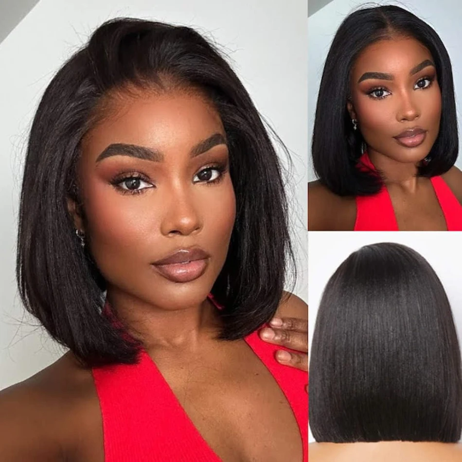 Wear And Go Glueless Wigs Yaki Straight Bob Wigs 13x4 Lace Front Human Hair
