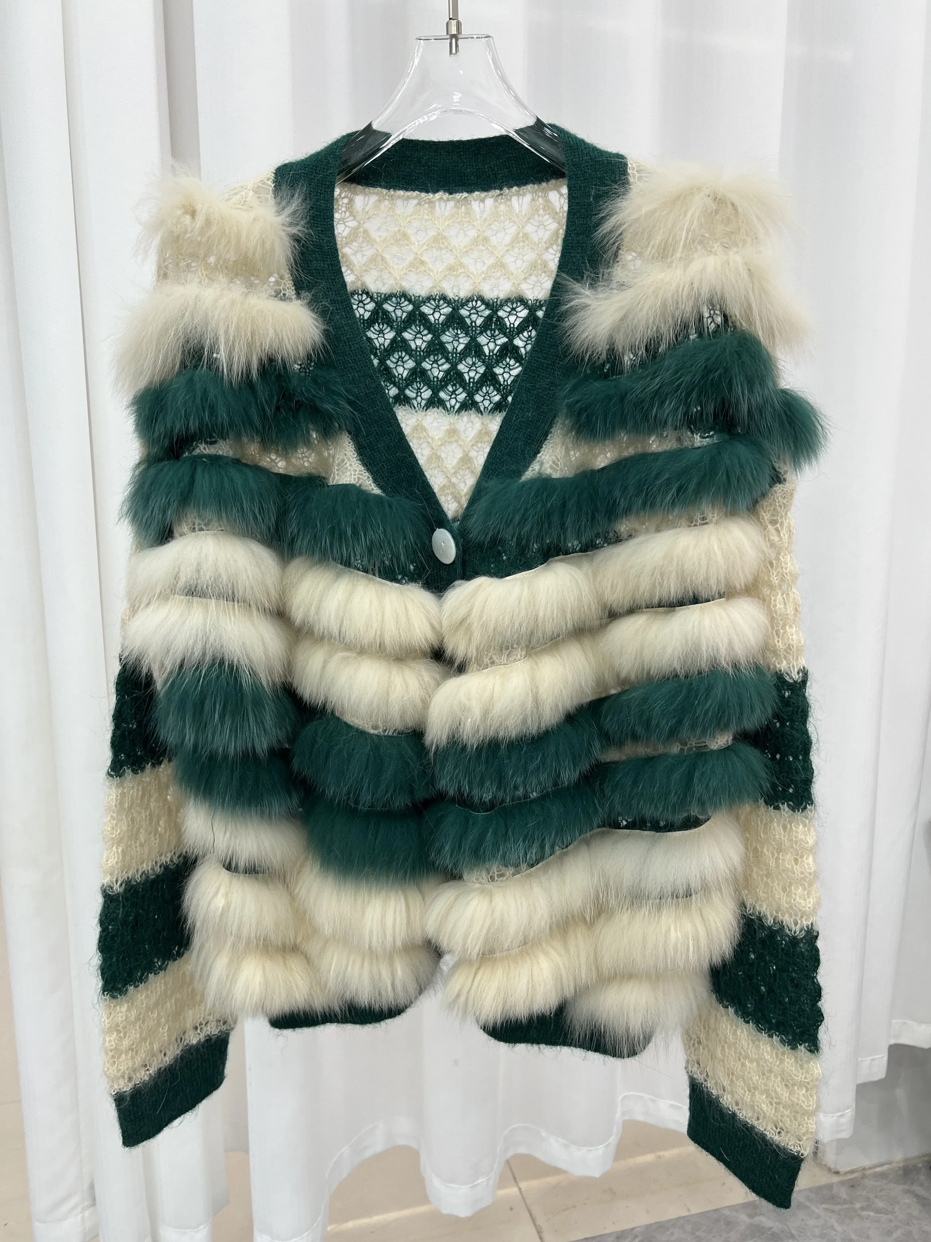 2023 Knitted Sweater Autumn Winter Women's Clothing Big V-neck Color Fox Hair Single Breasted Cardigan Ladies Style Loose Coat