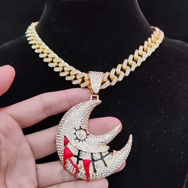 Hiphop High Quality Iced Out CZ Moon Pendant Necklace Trippie Redd The Same Exaggerated Funny Zircon Necklace