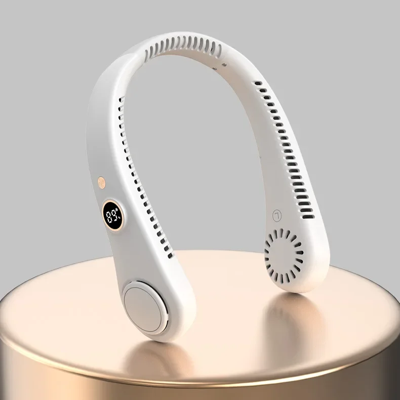 مروحة صغيرة محمولة معلقة للرقبة، شاشة ديجيتال، تبر...