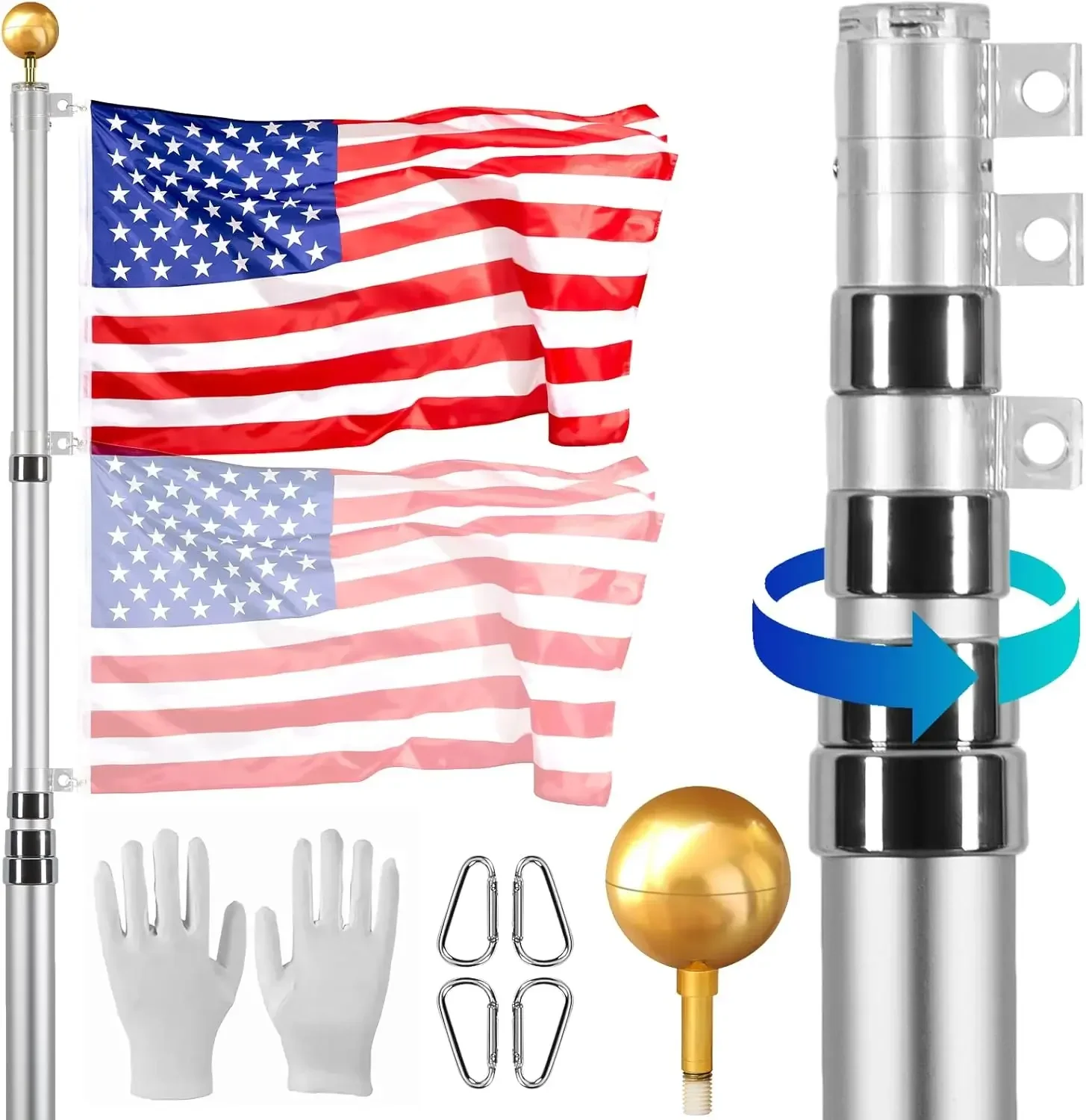 20FT Telescoping Flag Pole Kit, Heavy Duty Aluminum Alloy in Ground Flag Polesn 3 Display Modes Flagpole with 3x5 American