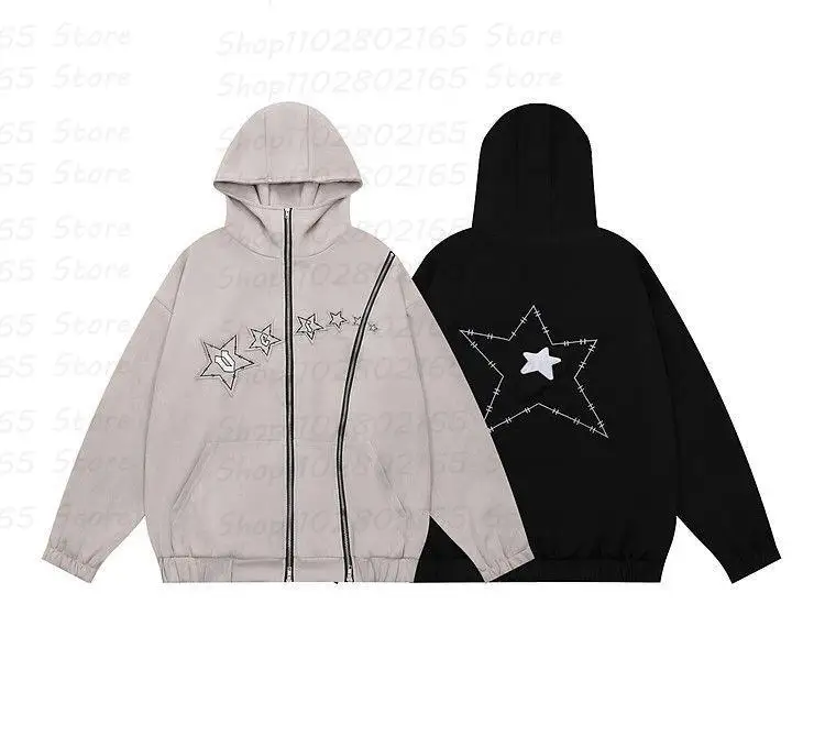 

Harajuku Vintage Zip Up Hoodies Punk Star Print Loose Streetwear Zipper Gohtic Y2k Hooded Sweatshirt Fashion Korean Kpop top