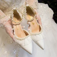 Luxury Silk White Wedding Shoes for Women 2023 Summer Pearl Ankle Straps High Heels Pumps Woman Pointed Toe Heeled Dress Shoes 2