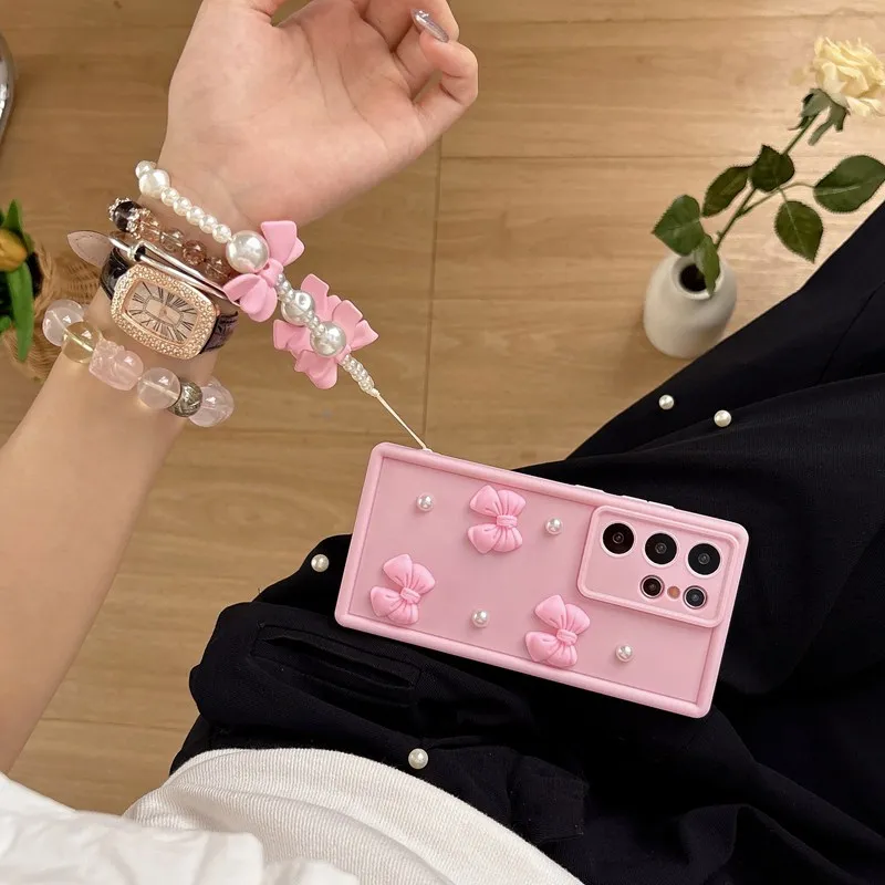 Elegant Bow Tie Pearl Chain Rope Phone Case Cover