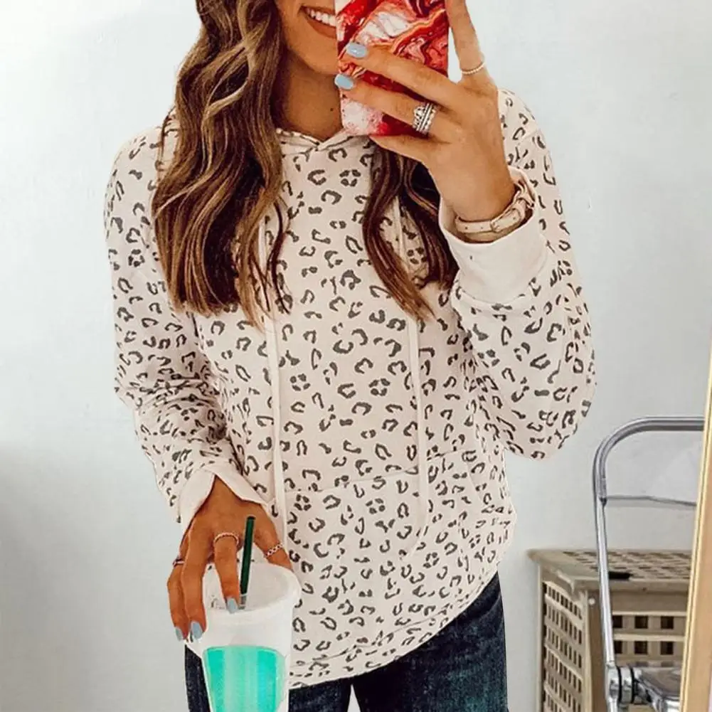 

Hooded Sweatshirt Leopard Print Hoodie Stylish Contrast Color Pullover with Drawstring Elastic Cuffs Big Pockets for Women Women