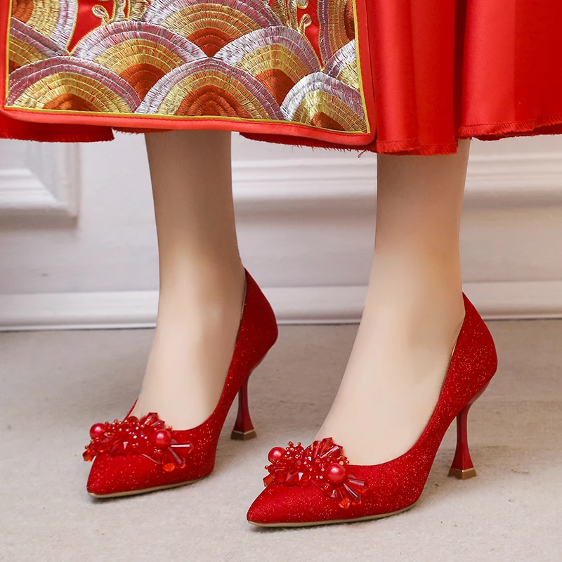 High Heels Women's 2022 New Pointed Toe Slip On Pearl Designer Shoes Women  Spring/Autumn Thin Heels Red Sexy Wedding Shoes Pumps| | - AliExpress